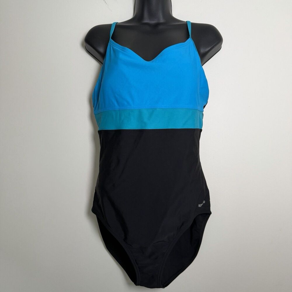 Speedo Womens Color Block One Piece Swimsuit, Black and Blue, 16